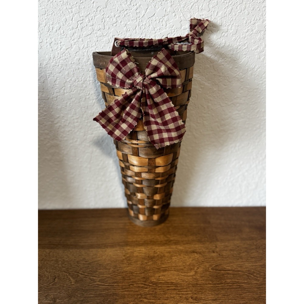 Vintage Wall Hanging Plant Basket With Checkered Bow Cottage Core Farmhouse